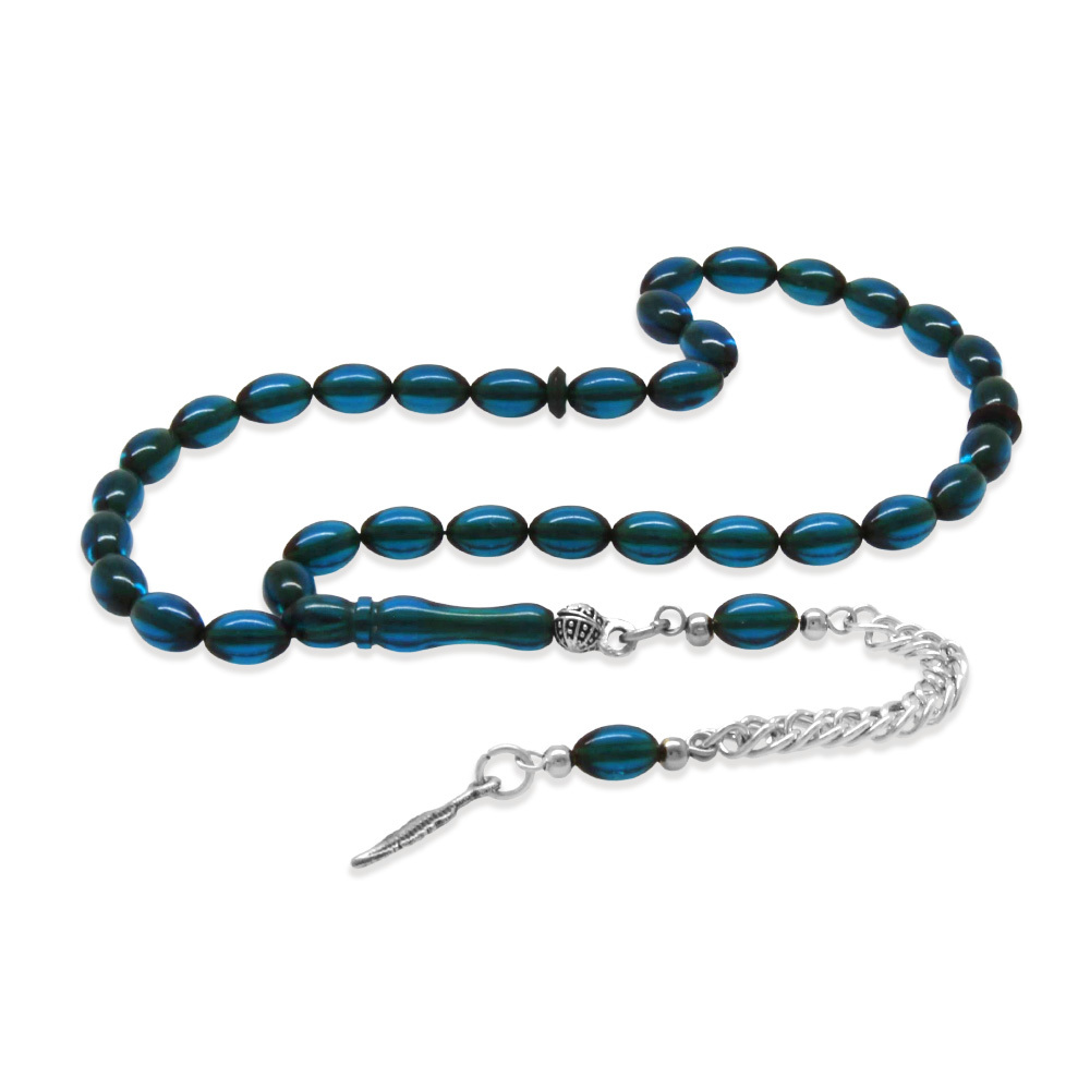 Sıkma Kehribar Tesbih - Kararmaz Metal Püsküllü - Mini Boy - Lacivert Renk - Arpa Kesim - 4