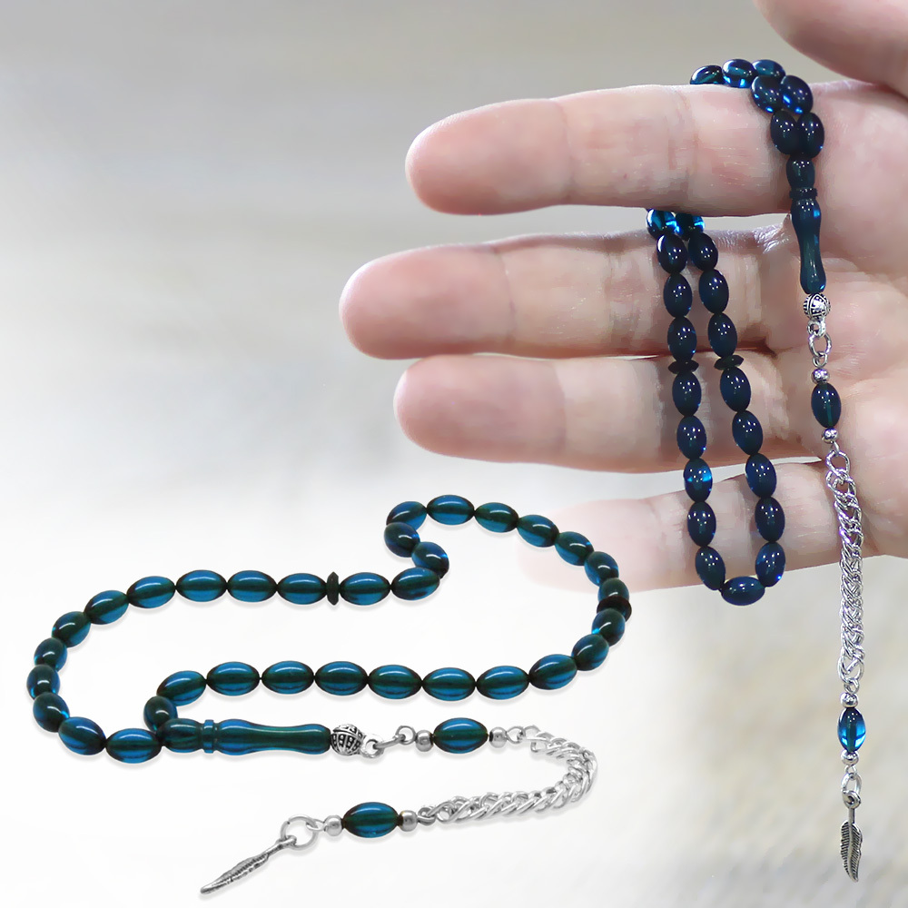 Sıkma Kehribar Tesbih - Kararmaz Metal Püsküllü - Mini Boy - Lacivert Renk - Arpa Kesim - 1