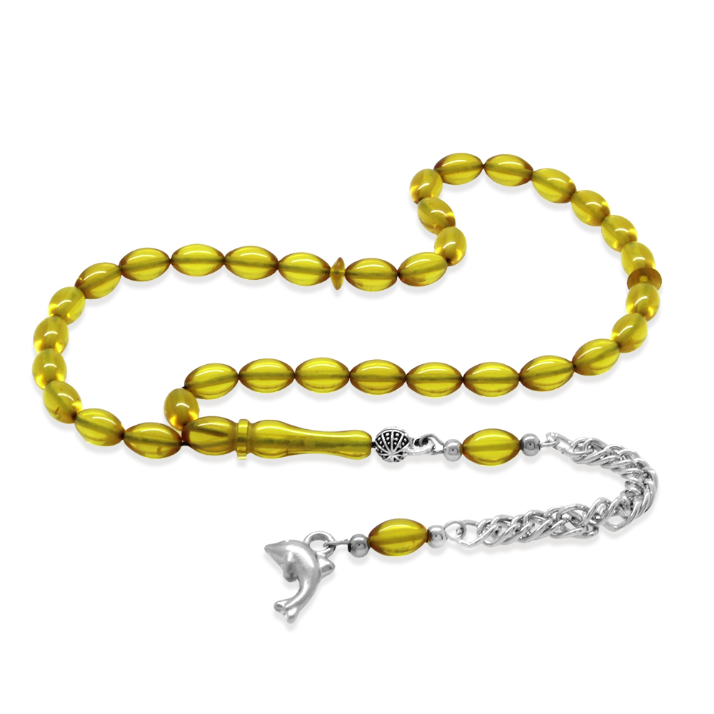 Ateş Kehribar Tesbih - Kararmaz Metal Püsküllü - Mini Boy - Sarı Renk - Arpa Kesim - 2