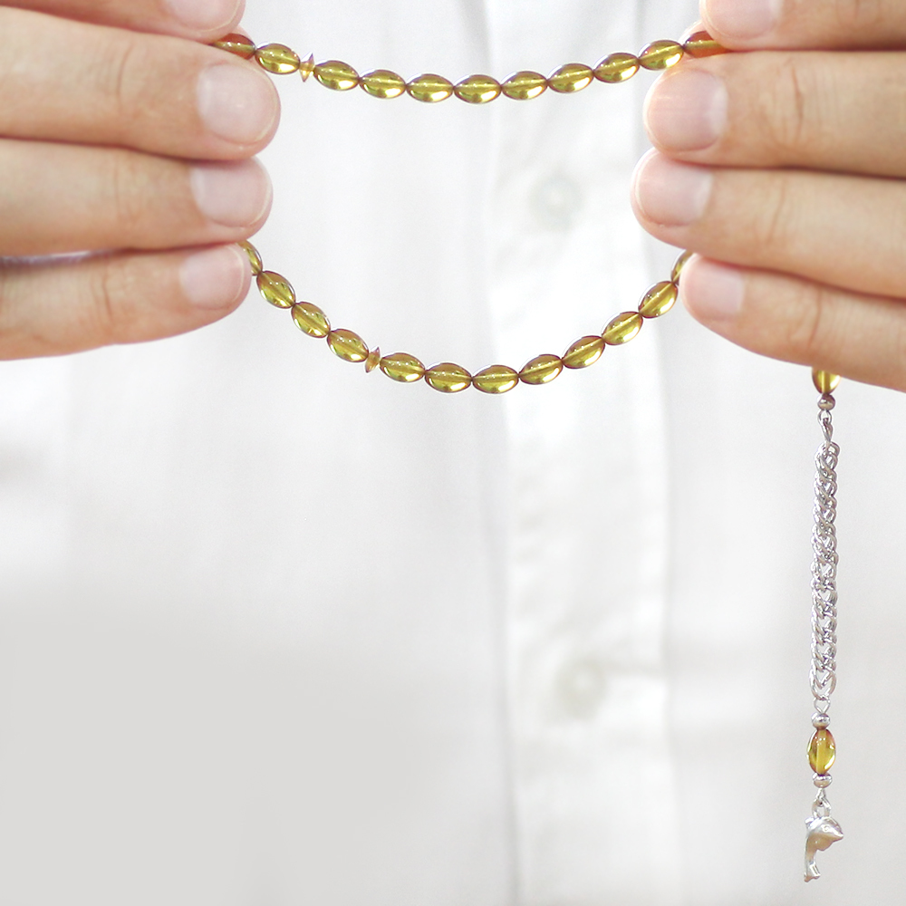 Ateş Kehribar Tesbih - Kararmaz Metal Püsküllü - Mini Boy - Sarı Renk - Arpa Kesim - 3