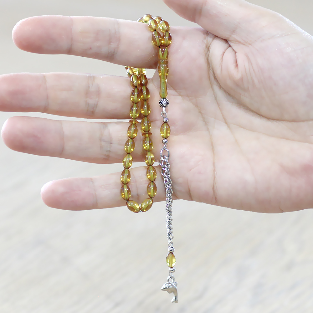 Ateş Kehribar Tesbih - Kararmaz Metal Püsküllü - Mini Boy - Sarı Renk - Arpa Kesim - 4