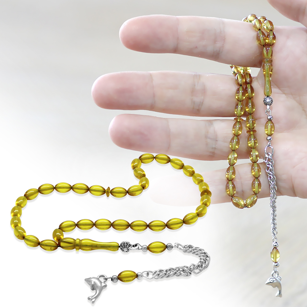 Ateş Kehribar Tesbih - Kararmaz Metal Püsküllü - Mini Boy - Sarı Renk - Arpa Kesim - 1