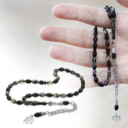 Ateş Kehribar Tesbih - Kararmaz Metal Püsküllü - Mini Boy - Siyah Beyaz Renk - Arpa Kesim - Tesbihane