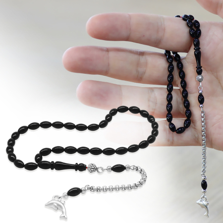 Kararmaz Metal Arnavut Zincir Püsküllü Arpa Kesim Siyah Mini Boy Sıkma Kehribar Tesbih - Tesbihane