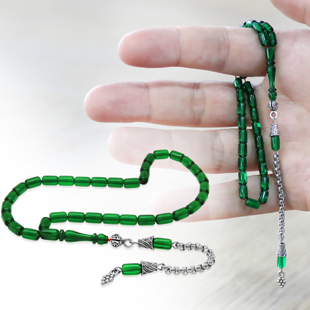Kararmaz Metal Arnavut Zincir Püsküllü Kapsül Kesim Yeşil Mini Boy Ateş Kehribar Tesbih - Tesbihane