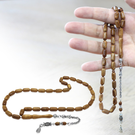 Kararmaz Metal Arnavut Zincir Püsküllü Kolye Kesim Açık Kahverengi Cilalı Kuka Tesbih - Tesbihane