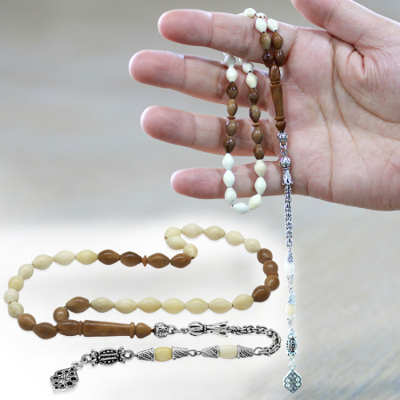 Kararmaz Metal Arnavut Zincir Püsküllü Kuka İmameli Arpa Kesim Naturel Renk Deve Kemiği Tesbih - Tesbihane