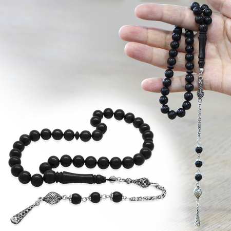 Kararmaz Metal Arnavut Zincir Püsküllü Küre Kesim Abanoz Ağacı Tesbih - Tesbihane