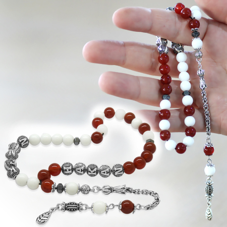 Kararmaz Metal Arnavut Püskül Küre Kesim İsme Özel Kırmızı Beyaz Jade Akik Doğaltaş Taraftar Tesbih - Tesbihane