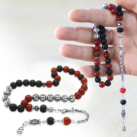 Kararmaz Metal Arnavut Püskül Küre Kesim İsme Özel Kırmızı Siyah Oniks Akik Doğaltaş Taraftar Tesbih - Tesbihane