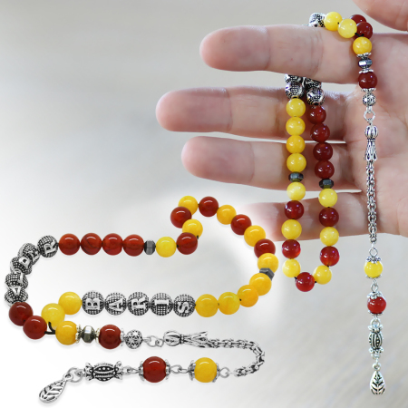 Kararmaz Metal Arnavut Püsküllü Küre Kesim İsme Özel Sarı Kırmızı Jade Akik Doğaltaş Taraftar Tesbih - Tesbihane