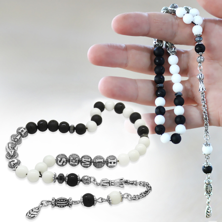 Kararmaz Metal Arnavut Püsküllü İsme Özel Siyah Beyaz Jade Oniks Doğaltaş Taraftar Tesbih - Tesbihane