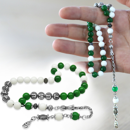 Kararmaz Metal Arnavut Püsküllü Küre Kesim İsme Özel Yeşil Beyaz Jade Doğaltaş Taraftar Tesbih - Tesbihane