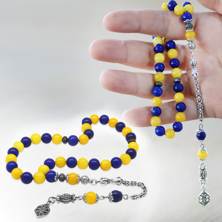 Kararmaz Metal Arnavut Zincir Püsküllü Küre Kesim Sarı Lacivert Jade Doğaltaş Taraftar Tesbih M1 - Tesbihane