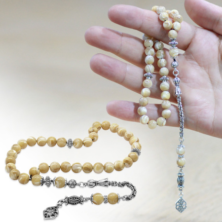 Kararmaz Metal Arnavut Zincir Püsküllü Küre Kesim Sarı Sedef Doğaltaş Tesbih - Tesbihane