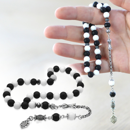 Kararmaz Metal Arnavut Püskül Küre Kesim Siyah Beyaz Jade Oniks Doğaltaş Taraftar Tesbih M2 - Tesbihane