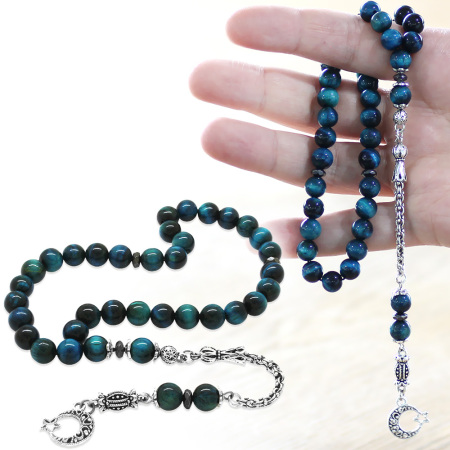 Kararmaz Metal Arnavut Zincir Püsküllü Küre Kesim Turkuaz Kaplan Gözü Doğaltaş Tesbih - Tesbihane