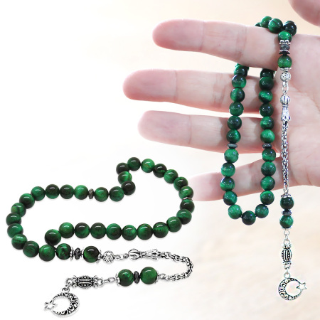 Kararmaz Metal Arnavut Zincir Püsküllü Küre Kesim Yeşil Kaplan Gözü Doğaltaş Tesbih - Tesbihane