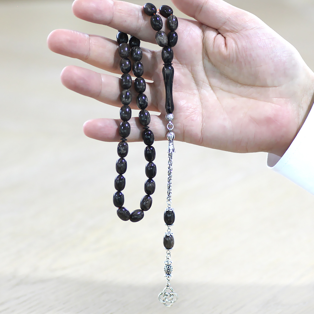 Kararmaz Metal Arnavut Zincir Püsküllü Sülün İmame Beyzi Kesim Gri - Siyah Katalin Tesbih - 4