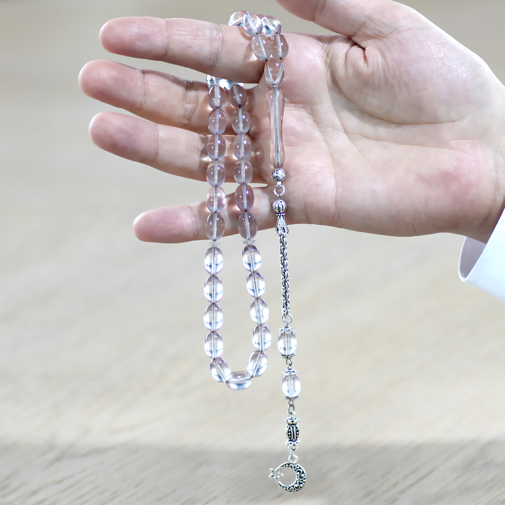 Kararmaz Metal Arnavut Zincir Püsküllü Sülün İmame Beyzi Kesim Şeffaf Beyaz Katalin Tesbih - 4