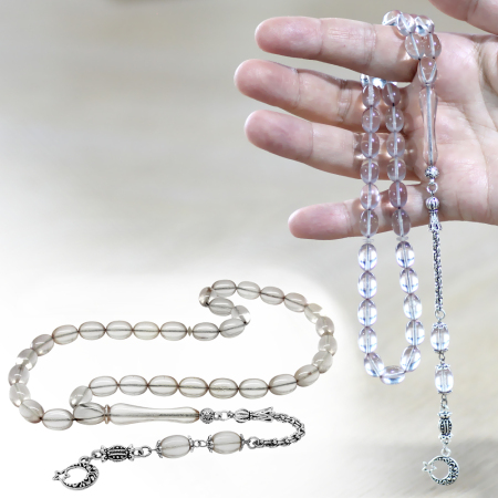 Kararmaz Metal Arnavut Zincir Püsküllü Sülün İmame Beyzi Kesim Şeffaf Beyaz Katalin Tesbih - Tesbihane