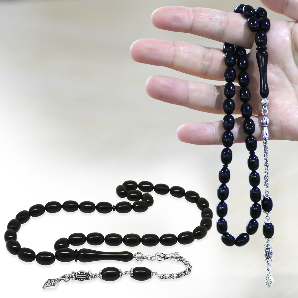 Kararmaz Metal Arnavut Zincir Püsküllü Sülün İmame Beyzi Kesim Siyah Katalin Tesbih - 1