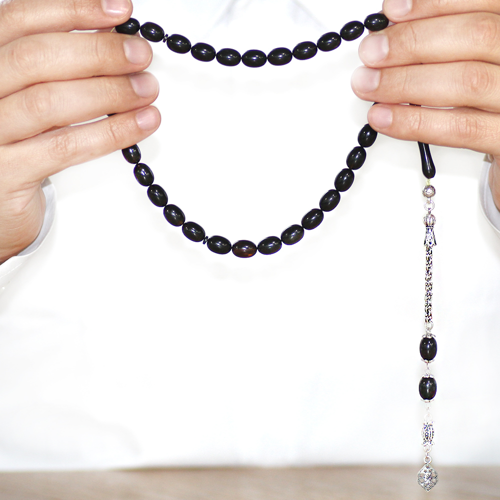 Kararmaz Metal Arnavut Zincir Püsküllü Sülün İmame Beyzi Kesim Siyah - Sarı Hareli Katalin Tesbih - 3