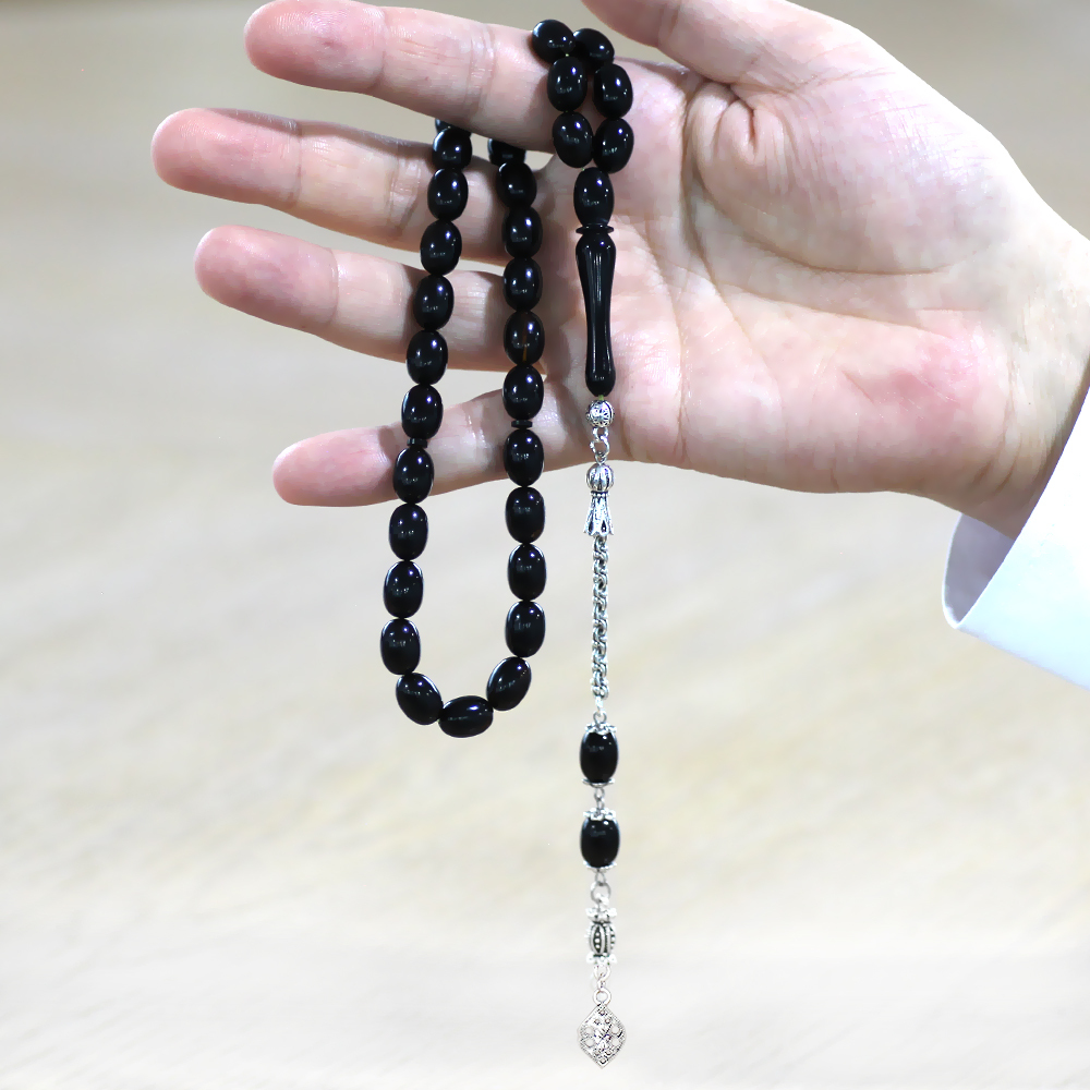 Kararmaz Metal Arnavut Zincir Püsküllü Sülün İmame Beyzi Kesim Siyah - Sarı Hareli Katalin Tesbih - 4