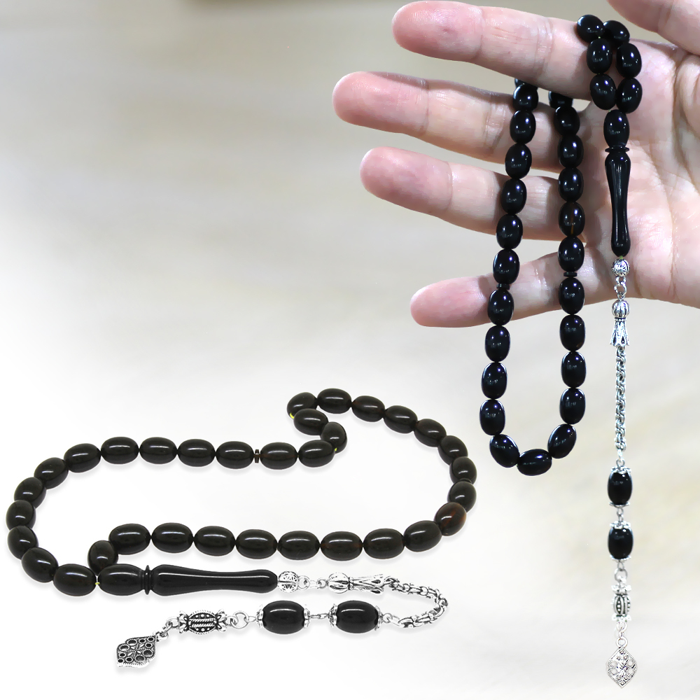 Kararmaz Metal Arnavut Zincir Püsküllü Sülün İmame Beyzi Kesim Siyah - Sarı Hareli Katalin Tesbih - 1