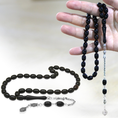 Kararmaz Metal Arnavut Zincir Püsküllü Sülün İmame Beyzi Kesim Siyah - Sarı Hareli Katalin Tesbih - Tesbihane