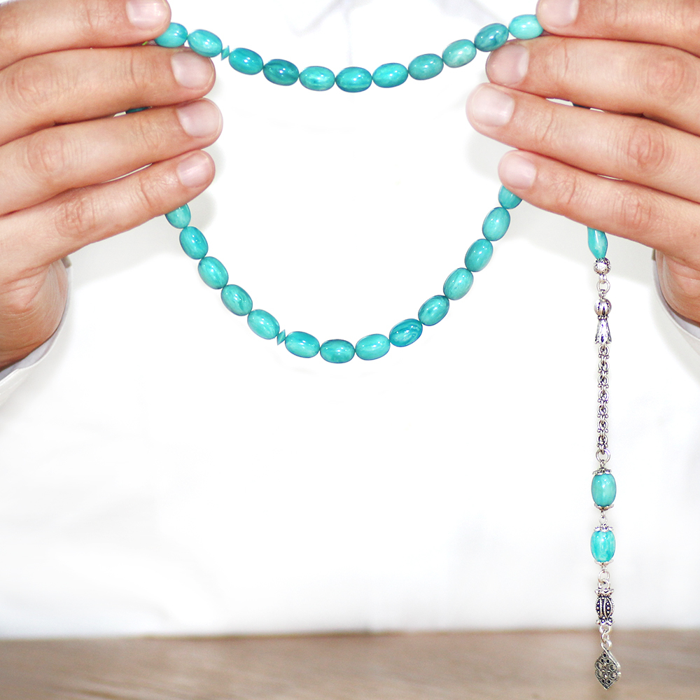 Kararmaz Metal Arnavut Zincir Püsküllü Sülün İmame Beyzi Kesim Turkuaz - Beyaz Hareli Katalin Tesbih - 3