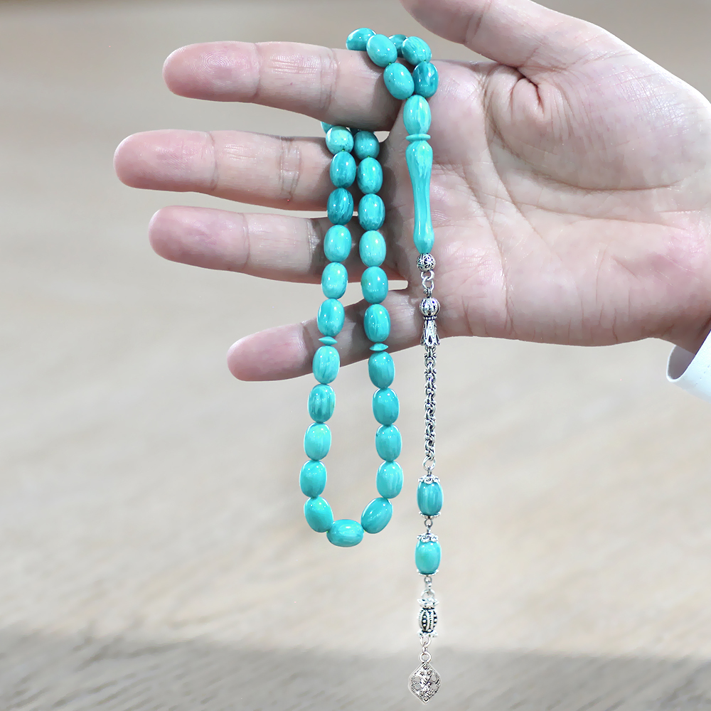 Kararmaz Metal Arnavut Zincir Püsküllü Sülün İmame Beyzi Kesim Turkuaz - Beyaz Hareli Katalin Tesbih - 4