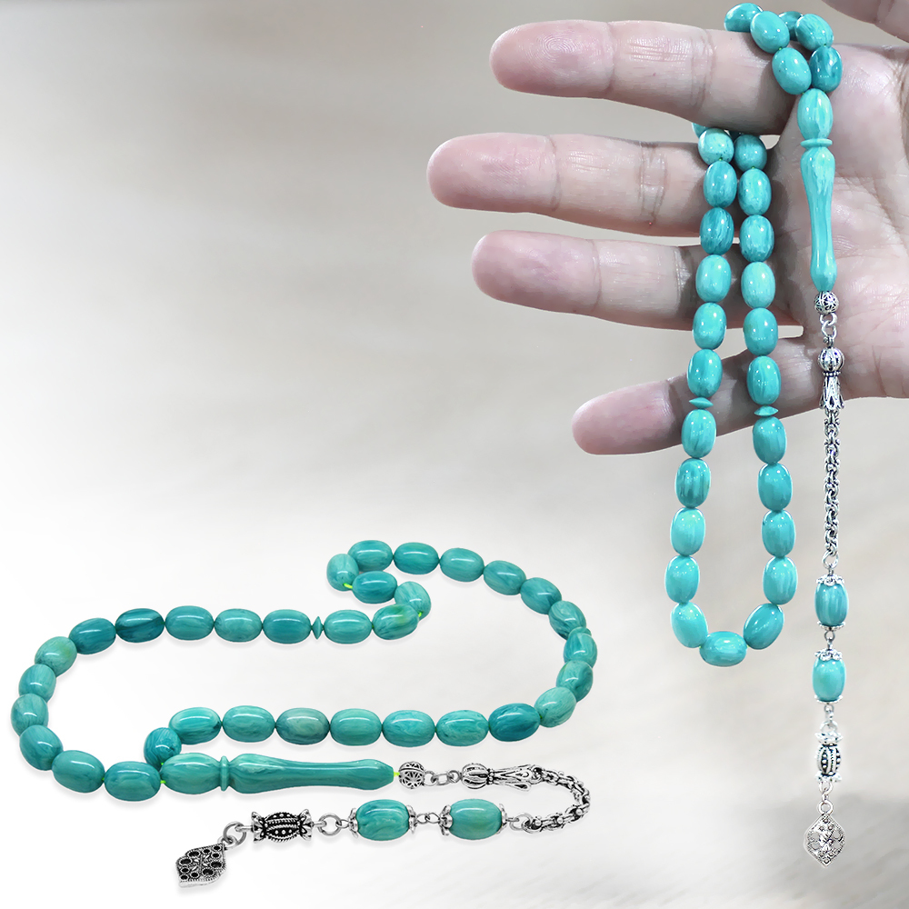 Kararmaz Metal Arnavut Zincir Püsküllü Sülün İmame Beyzi Kesim Turkuaz - Beyaz Hareli Katalin Tesbih - 1