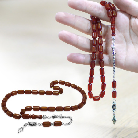 Kararmaz Metal Arnavut Zincir Püsküllü Uçlu Kapsül Kesim Sedefli Kırmızı Ateş Kehribar Tesbih - Tesbihane