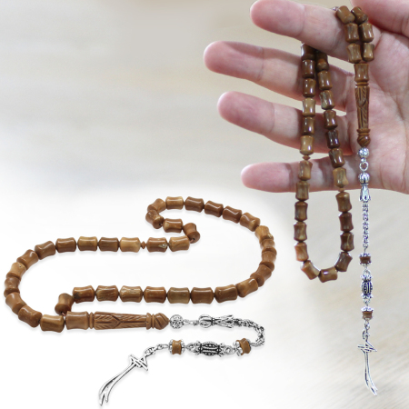 Kararmaz Metal Arnavut Zincir Püsküllü Zülfikar Uçlu İmame İşçilikli Koyu Kahverengi Kuka Tesbih - Tesbihane