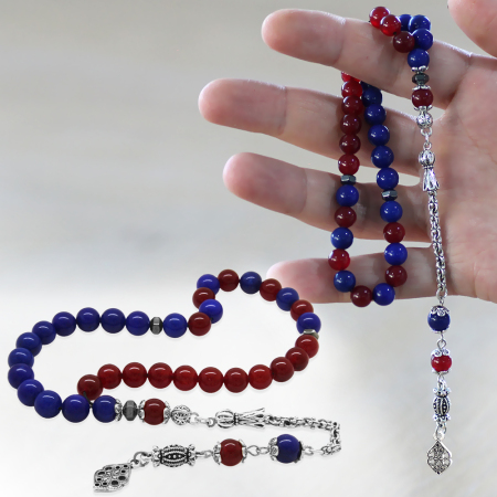 Kararmaz Metal Arnavut Zincir Püsküllü Küre Kesim Bordo Mavi Jade Doğaltaş Taraftar Tesbih M2 - Tesbihane