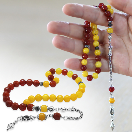 Kararmaz Metal Arnavut Zincir Püsküllü Küre Kesim Sarı Kırmızı Jade Akik Doğaltaş Taraftar Tesbih M2 - Tesbihane