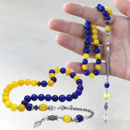 Kararmaz Metal Arnavut Zincir Püsküllü Küre Kesim Sarı Lacivert Jade Doğaltaş Taraftar Tesbih M2 - Tesbihane