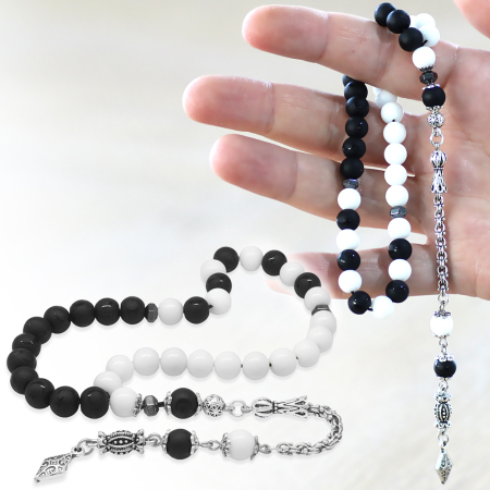 Kararmaz Metal Arnavut Püskül Küre Kesim Siyah Beyaz Jade Oniks Doğaltaş Taraftar Tesbih M1 - Tesbihane