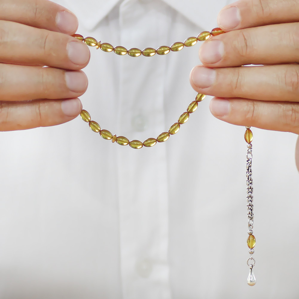 Kararmaz Metal Arnavut Zincir Su Damlası Püsküllü Arpa Kesim Sarı Mini Boy Ateş Kehribar Tesbih - 3