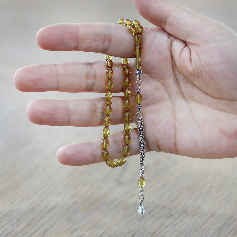 Kararmaz Metal Arnavut Zincir Su Damlası Püsküllü Arpa Kesim Sarı Mini Boy Ateş Kehribar Tesbih - 2