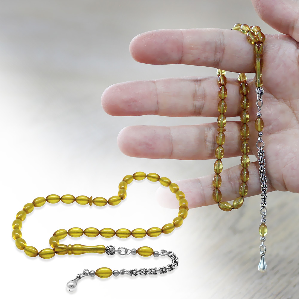 Kararmaz Metal Arnavut Zincir Su Damlası Püsküllü Arpa Kesim Sarı Mini Boy Ateş Kehribar Tesbih - 1