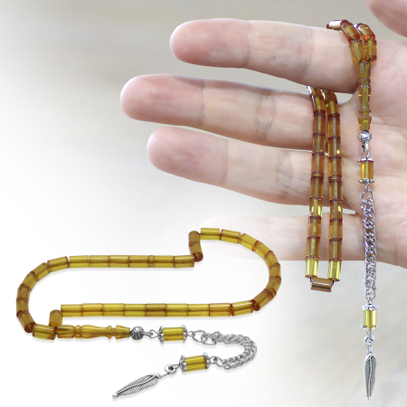 Ateş Kehribar Tesbih - Kararmaz Metal Püsküllü - Mini Boy - Sarı Renk - Kesme Kesim - Tesbihane