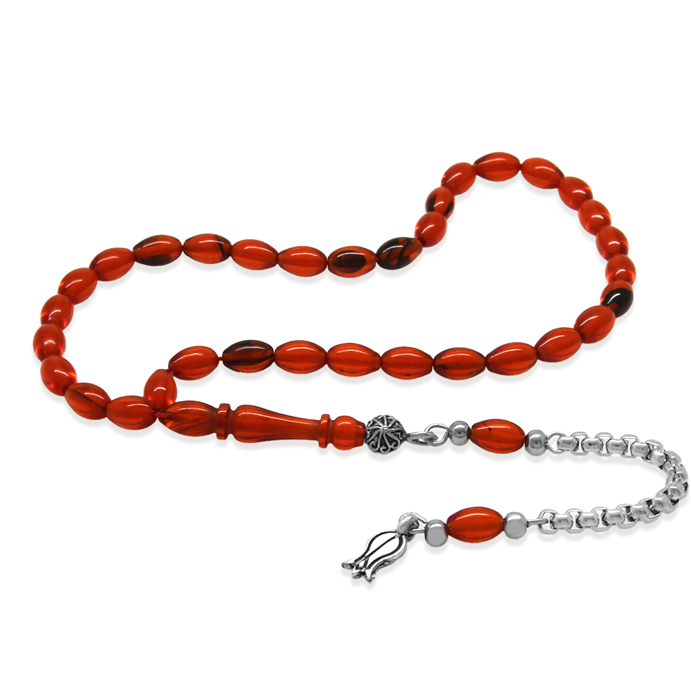 Kararmaz Metal Arnavut Zincir Zülfikar Püsküllü Arpa Kesim Turuncu Mini Boy Ateş Kehribar Tesbih - 2