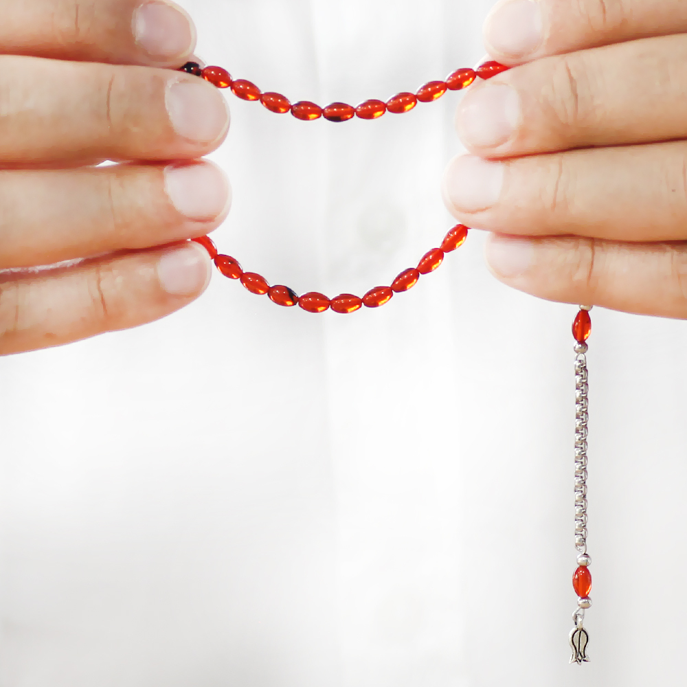 Kararmaz Metal Arnavut Zincir Zülfikar Püsküllü Arpa Kesim Turuncu Mini Boy Ateş Kehribar Tesbih - 3