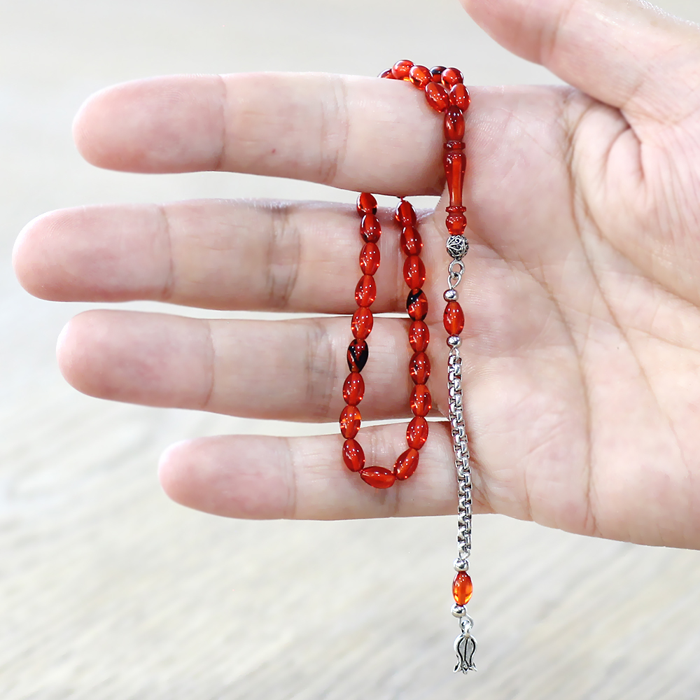 Kararmaz Metal Arnavut Zincir Zülfikar Püsküllü Arpa Kesim Turuncu Mini Boy Ateş Kehribar Tesbih - 4