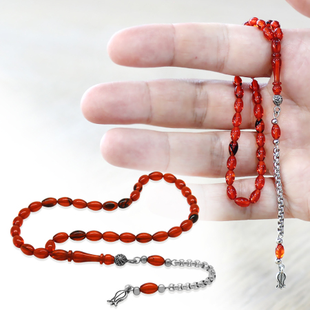 Kararmaz Metal Arnavut Zincir Zülfikar Püsküllü Arpa Kesim Turuncu Mini Boy Ateş Kehribar Tesbih - Tesbihane