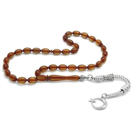 Kararmaz Metal Ayyıldız Püsküllü Arpa Kesim Açık Yeşil Ateş Kehribar Tesbih - Tesbihane