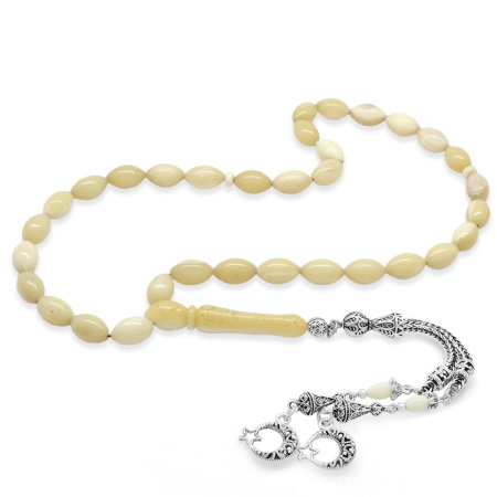 Kararmaz Metal Ayyıldız Püsküllü Arpa Kesim Doğal Renk Deve Kemiği Tesbih - Tesbihane