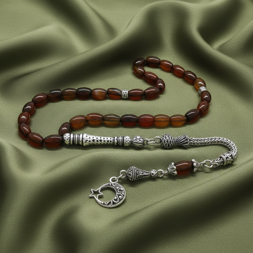 Kararmaz Metal Ayyıldız Püsküllü Arpa Kesim Kırmızı Akik Tesbih - 2